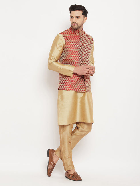 Vastramay Men's Rose Gold Silk Blend Kurta And Pant Style Pyjama With Maroon Woven Nehru Jacket